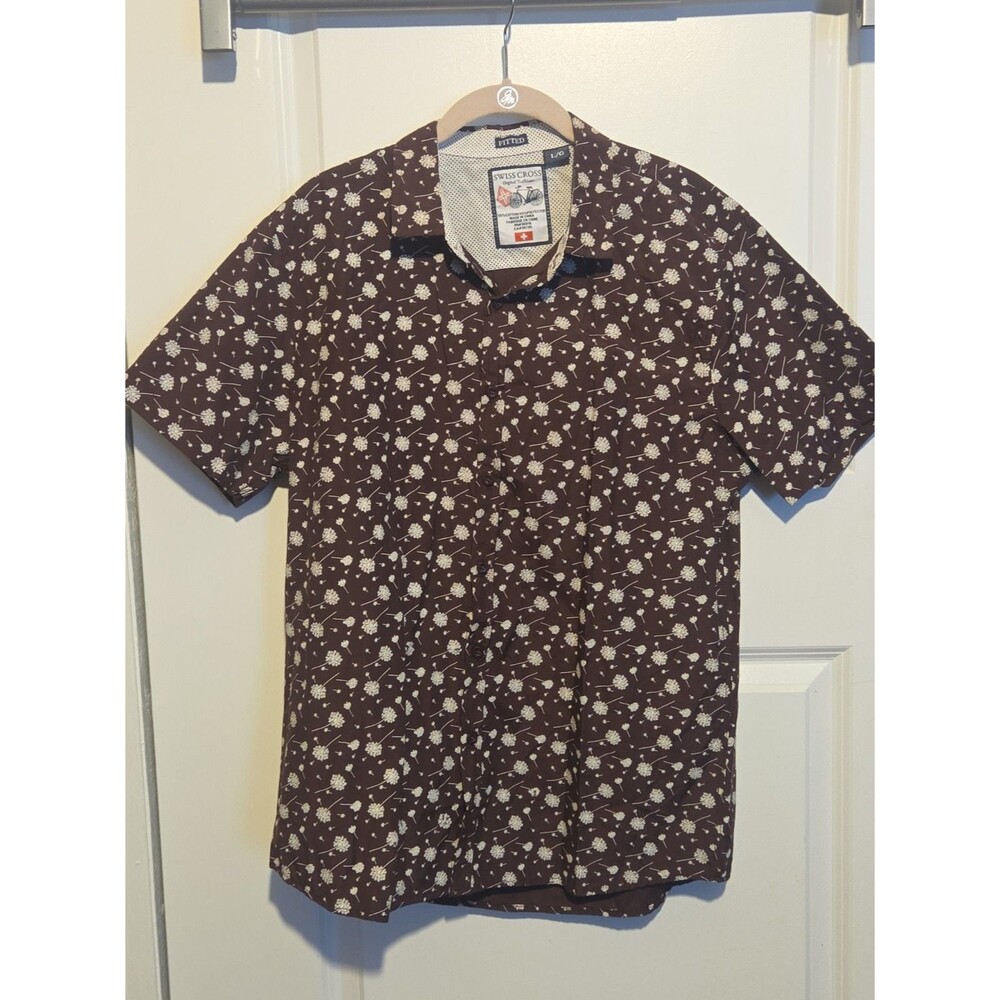 Swiss Cross Original Trailblazer Fitted Mens L Button Down Brown White Floral